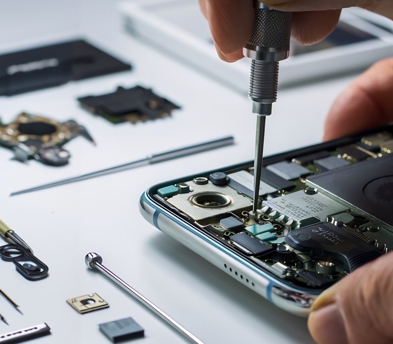 Técnico a reparar a placa de um smartphone